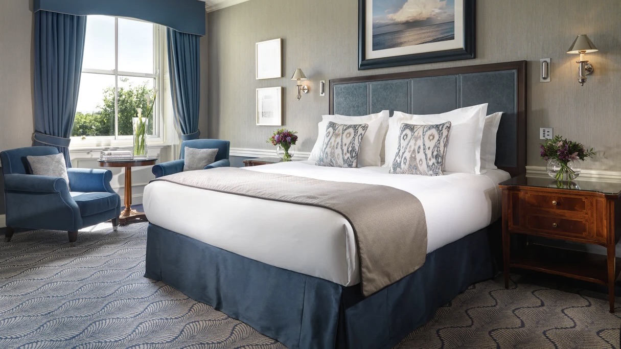 The Shelbourne, Autograph Collection blue bedroom at one of the best 5-star hotels in Dublin Ireland